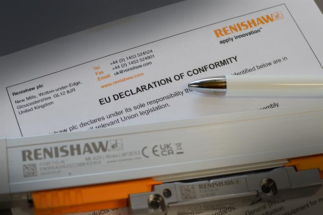 Optical encoders compliance certificates with a Renishaw FORTiS™ optical encoder and a pen on top