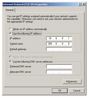 Setting the IP address of the PC - screenshot
