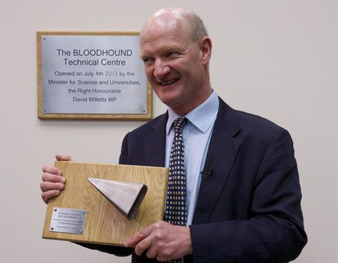 Science Minister David Willetts and his prototype nose cone (image courtesy BLOODHOUND SSC)