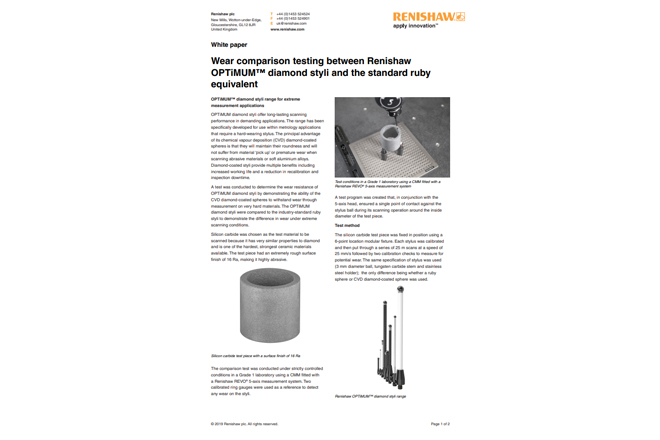 Wear comparison testing between Renishaw OPTiMUM diamond styli and the standard ruby equivalent