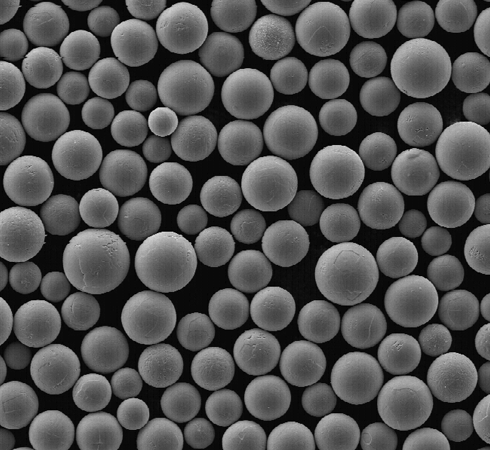 Textured spherical Ti64 particles shown in close-up on a black background