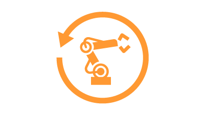 Orange industrial robot icon contained inside a circular arrow