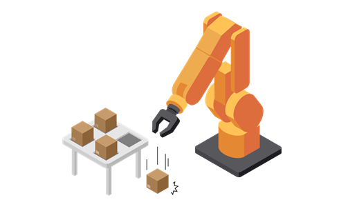 An inaccurate industrial robot places a part on a table but misses and drops it on the floor