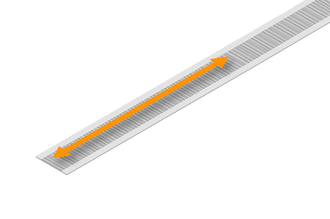 Linear encoder scale with orange arrow showing movement direction