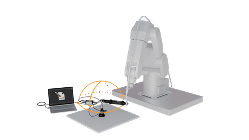 3D render of a six-axis industrial robot performing a volumetric test using an RCS L-90 and laptop
