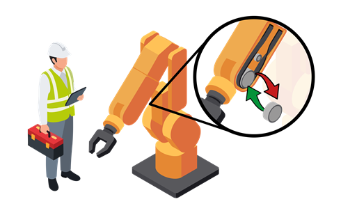 A robot service engineer replaces a worn joint in an industrial robot arm