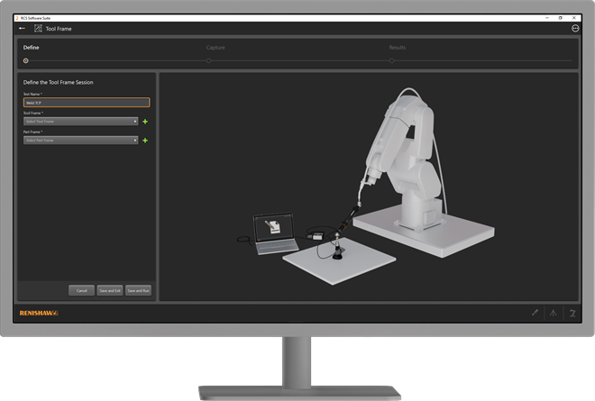 Desktop monitor displaying the tool frame setup stage of an industrial automation cell using the RCS Software Suite