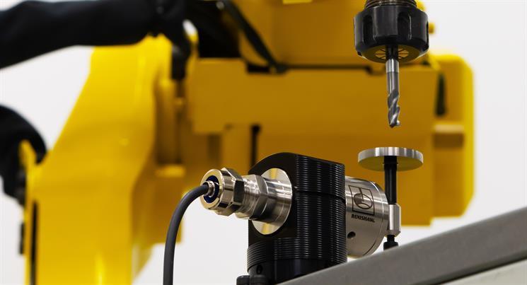 Renishaw TS27R toolsetter fitted with a disc stylus below a robot-mounted spindle for calibration