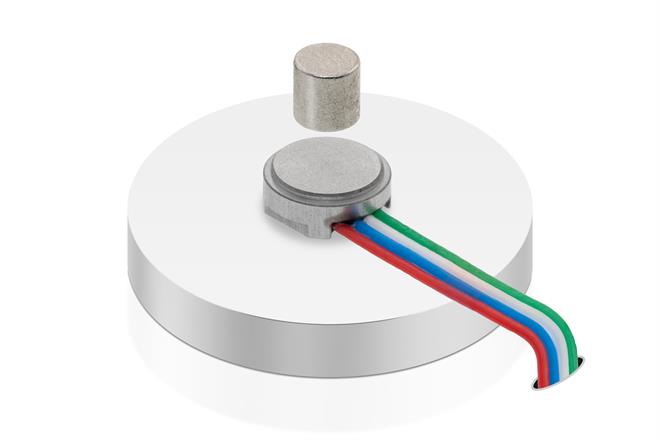 RM08 magnetic encoder from RLS on a plinth with a white background