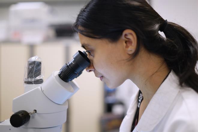 Woman looking through a microscope at Occuity