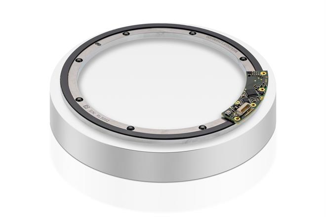 AksIM-4 ring encoder from RLS on a plinth with a white background