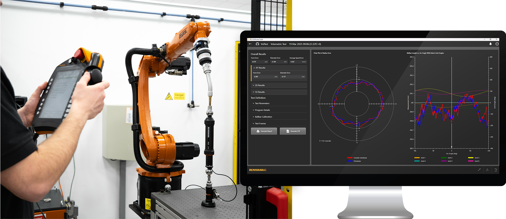 A robot operator tests a robot with an RCS L-90 ballbar. A desktop monitor shows volumetric path performance graph data