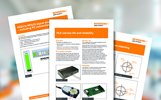 Illustration showing a selection of application notes for laser encoder products sitting on a light, blurred background