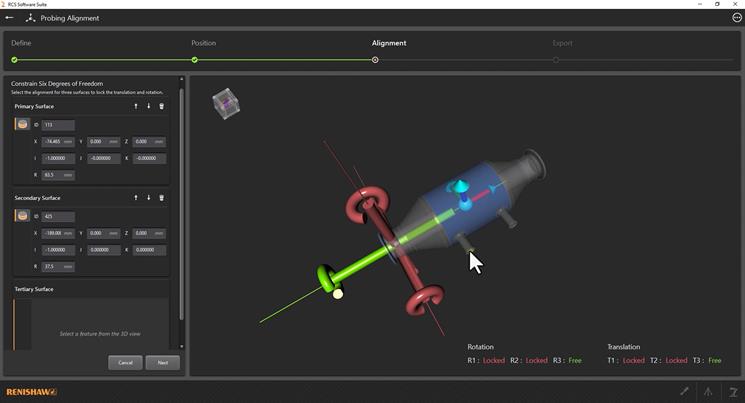 Skärmbild med RCS Software Suite Datum Builder för probningsinriktning med hjälp av CAD-filen för en friformsdetalj