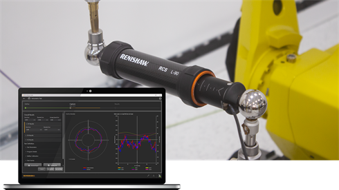 RCS L-90 ballbar attached to a robot doing a volumetric path performance test with results showing on a laptop