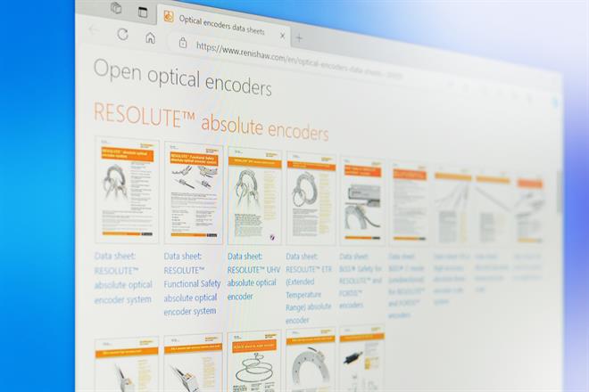 Computerscherm dat databladen van open optische encoders laat zien