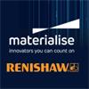 Materialise and Renishaw logos on a dark blue background with vertical light lines