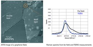 AFM image of a graphene flake with Raman spectra from far-field and TERS measurements.